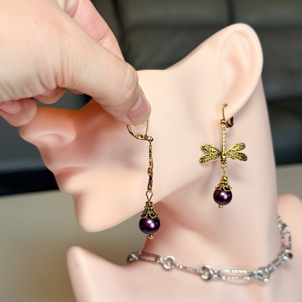 Gold Dragonfly Earrings with Purple Pearls - Picture 7 of 10